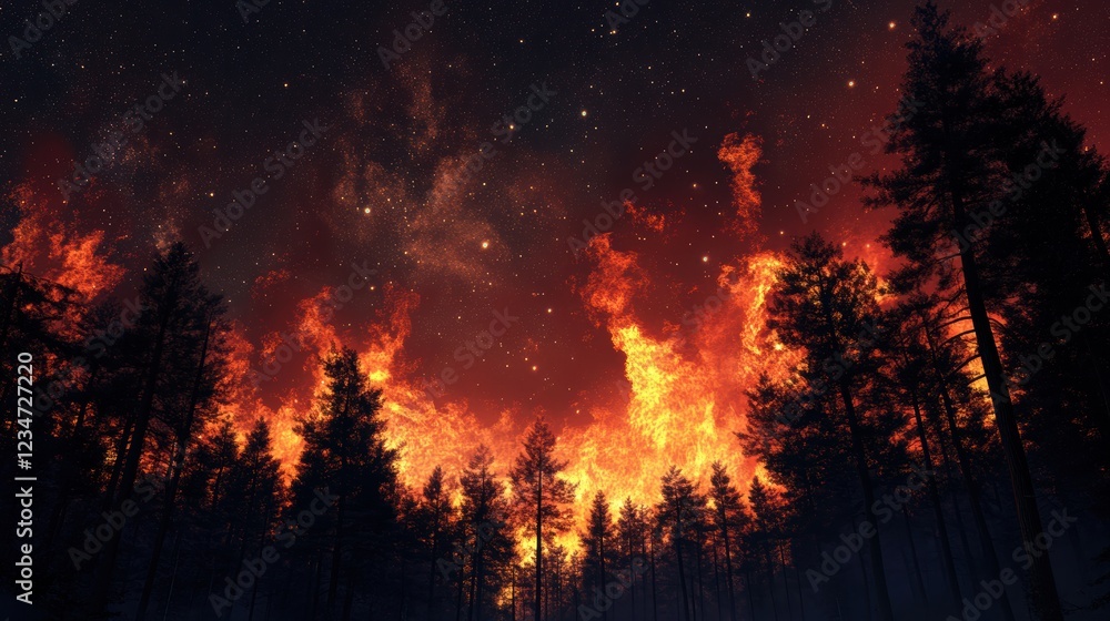 Starry night sky over gigapixel forest fire a dramatic nature viewpoint Starry night sky over gigapixel forest fire a dramatic nature viewpoint