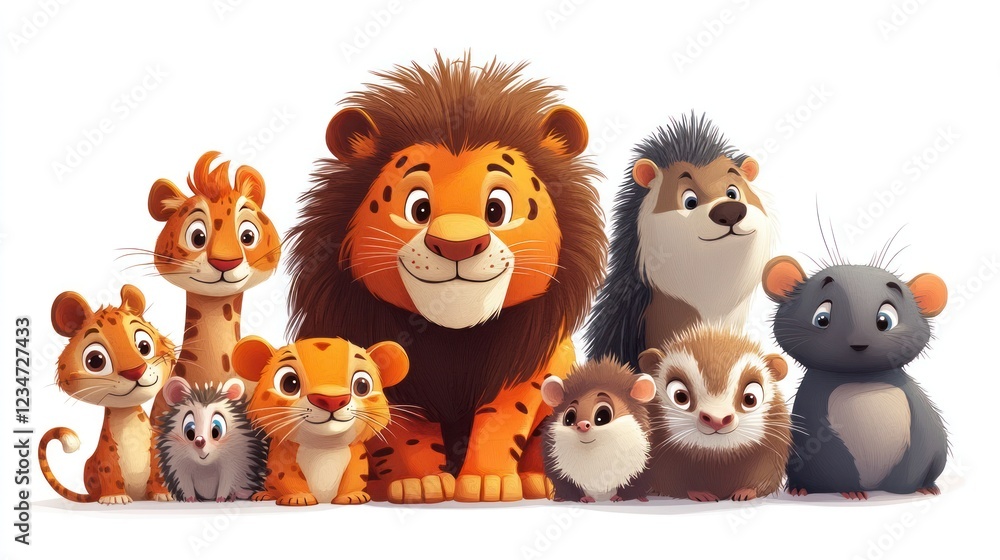 Naklejka premium Cute cartoon animals together, playful group, white background, children's book illustration