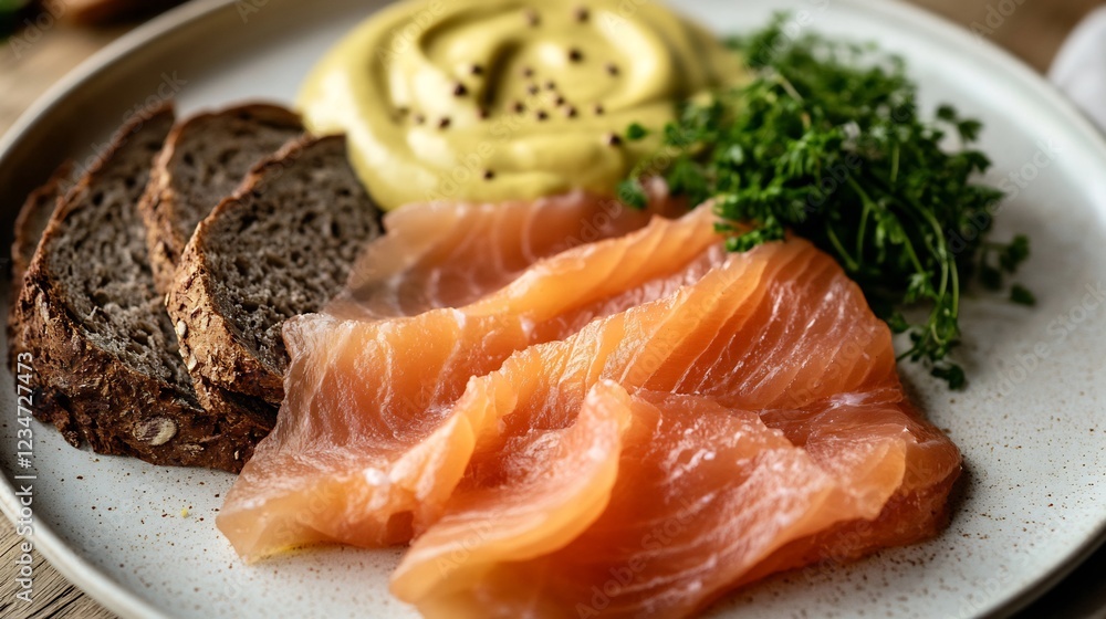 Plate of Norwegian gravlax cured salmon served mustard sauce rye bread Plate of Norwegian gravlax cured salmon served mustard sauce rye bread