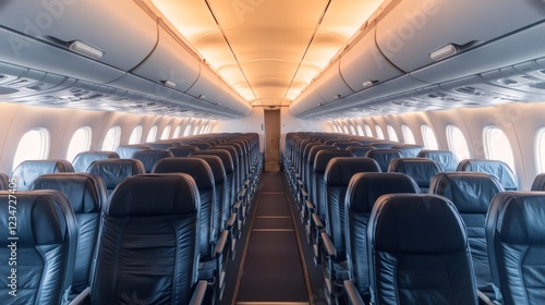 Wallpaper Mural Rows of empty dark blue passenger seats stretch down the aisle of an airplane cabin, illuminated by warm overhead lighting, creating a serene atmosphere before passengers board Torontodigital.ca