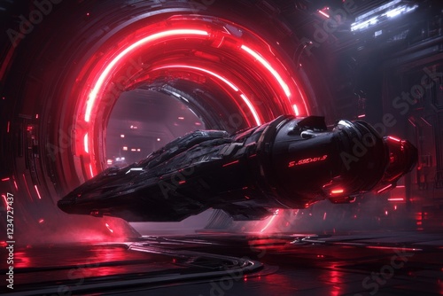 Fototapeta Naklejka Na Ścianę i Meble -  A futuristic scene of a substantial spaceship docking at a massive space station, surrounded by glowing neon lights and sleek, high-tech designs