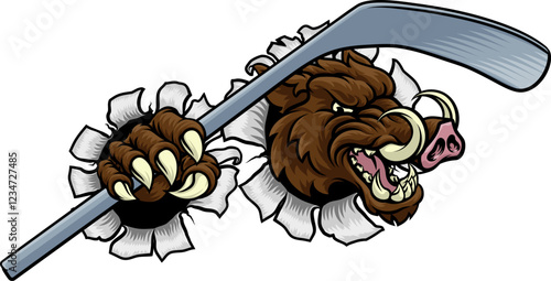 A wild boar, hog razorback warthog pig hockey sports cartoon mascot