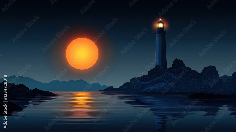 A serene lighthouse scene at sunset reflecting on calm waters. A serene lighthouse scene at sunset reflecting on calm waters.