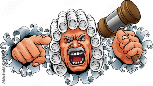 An angry judge cartoon character holding a wooden hammer gavel