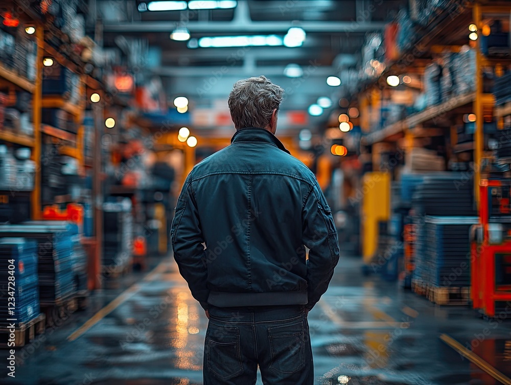 Man standing in a vast warehouse filled with goods and lit by overhead lights Man standing in a vast warehouse filled with goods and lit by overhead lights