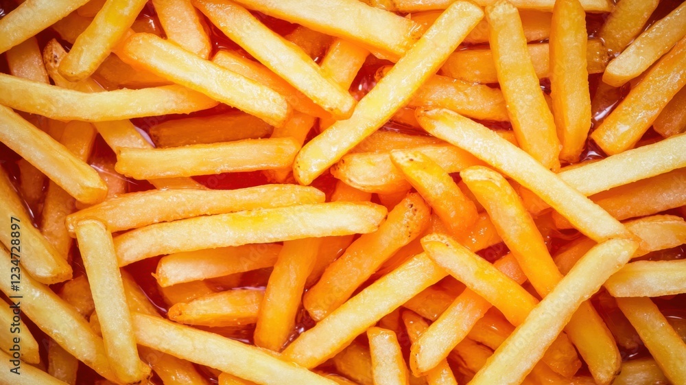 A close-up view of golden, crispy French fries arranged in a scattered pattern, showcasing their delicious texture and color. A close-up view of golden, crispy French fries arranged in a scattered pattern, showcasing their delicious texture and color.