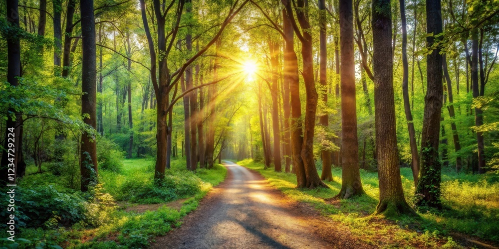 A winding path through a sun-drenched forest with golden light filtering through the leaves and illuminating the verdant undergrowth A winding path through a sun-drenched forest with golden light filtering through the leaves and illuminating the verdant undergrowth
