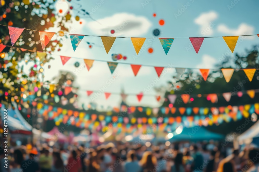 Obraz premium Large blank banner strung across a festival ground, with crowds of people and colorful decorations below.