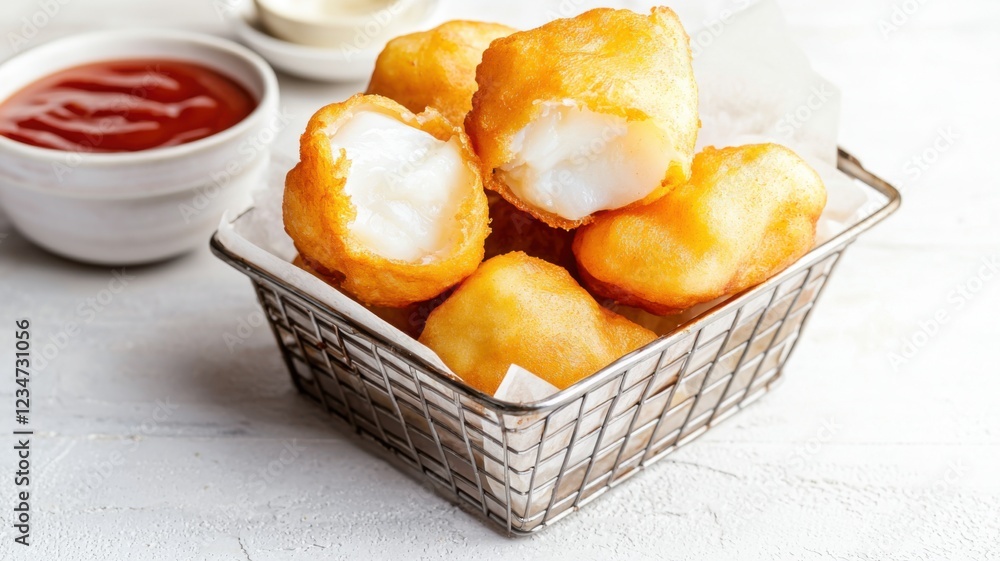 A basket of crispy golden fried snacks, served with ketchup and dipping sauces, perfect for snacking or sharing. A basket of crispy golden fried snacks, served with ketchup and dipping sauces, perfect for snacking or sharing.