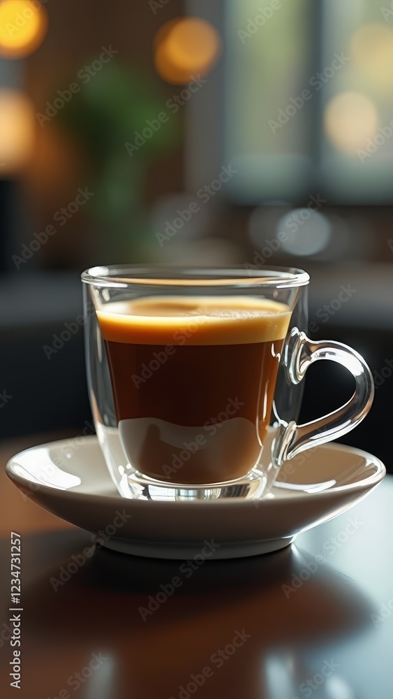 A shot of espresso in a clear glass cup with a saucer A shot of espresso in a clear glass cup with a saucer