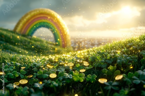 Vibrant rainbow arches over a lush green landscape filled with sparkling gold coins and clovers photo