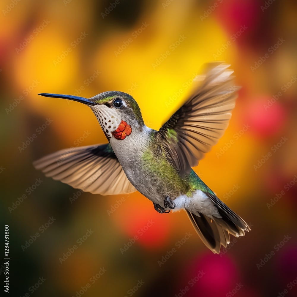 Fototapeta premium Vibrant Hummingbird in Flight with Colorful Floral Background