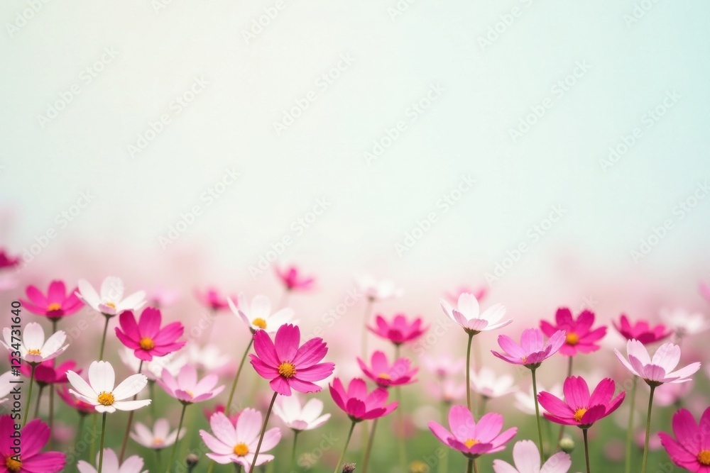 Fototapeta premium A Delicate Field of Pink and White Blossoms, a Gentle Breeze Rustling Through Petals, Soft Light Filtering Through the Air, Creating a Serene and Peaceful Atmosphere