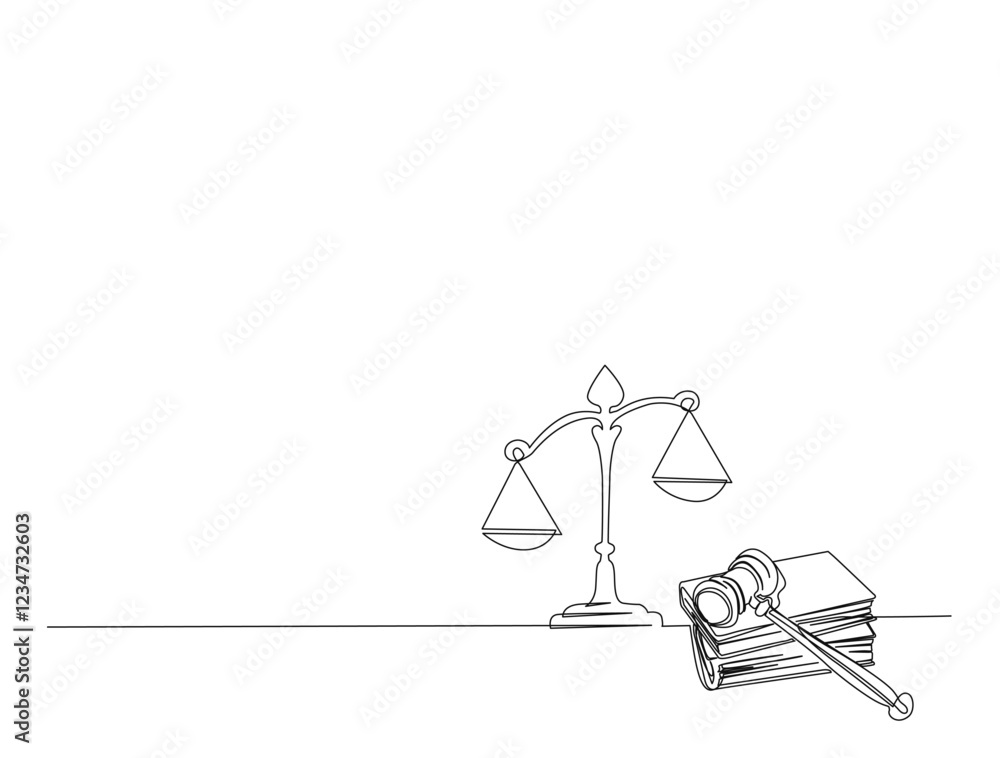 Obraz premium Continuous one line drawing of judicial scales with hammer. justice hammer and scales for law concept in single line draw. Editable stroke.