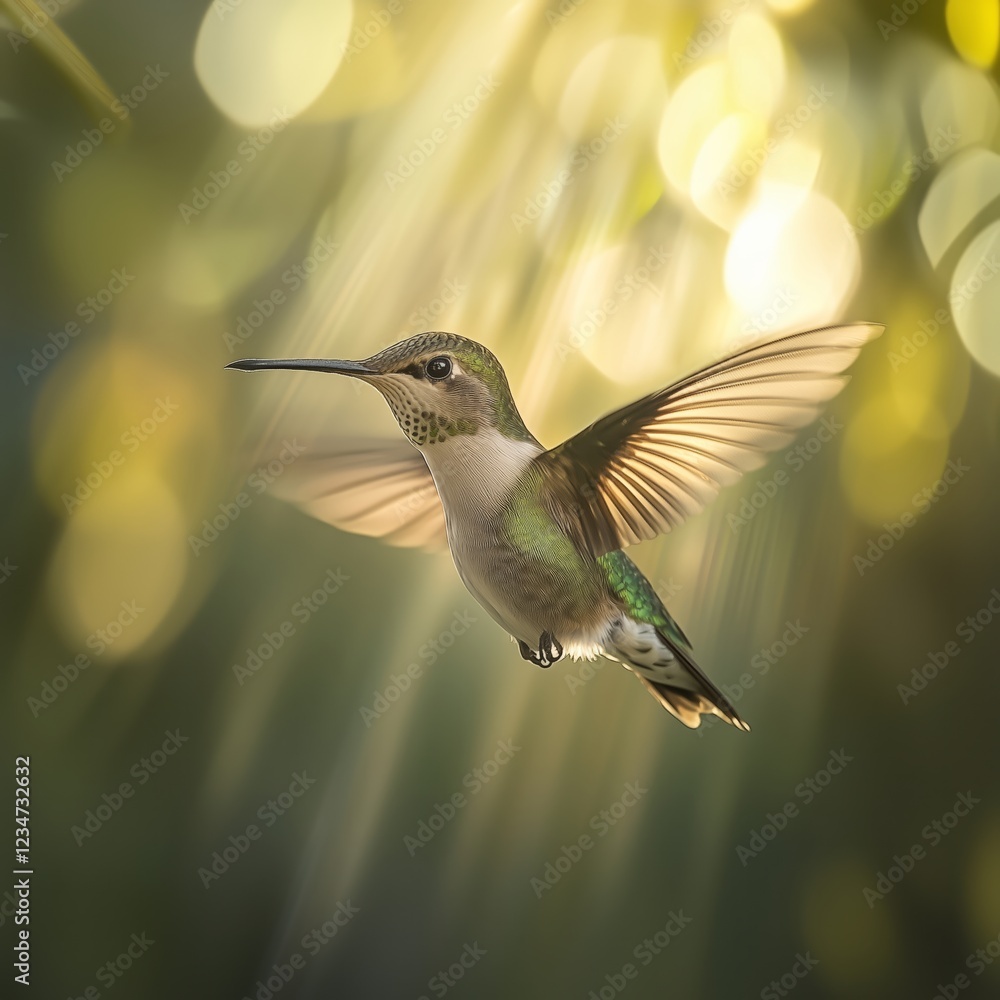 Fototapeta premium Vibrant Hummingbird in Flight with Soft Glowing Background