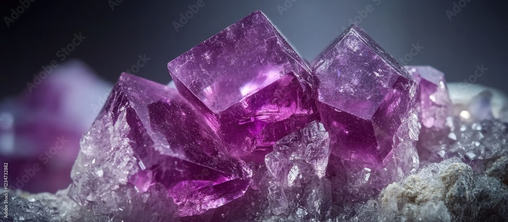 Purple fluorite crystals on a textured rock surface with soft focus background and Copy Space for text placement Purple fluorite crystals on a textured rock surface with soft focus background and Copy Space for text placement