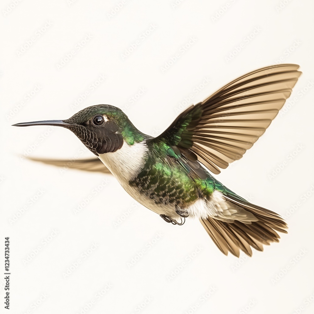 Fototapeta premium Vibrant Hummingbird in Mid-Flight against Light Background