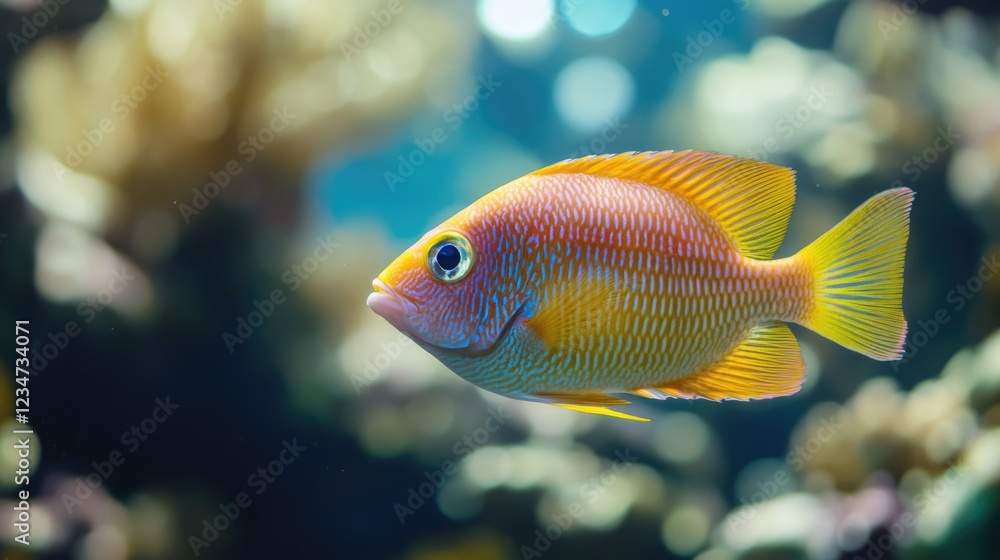 Obraz premium Colorful tropical fish swimming in a coral reef environment with blurred background and ample copy space for text