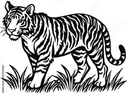 Tiger Silhouette Vector Art in Black and White, Wild Tiger Illustration Vector Design for Printing and Craft Projects 