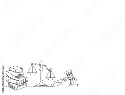 Continuous one line drawing of judicial scales with hammer. justice hammer and scales for law concept in single line draw. Editable stroke.