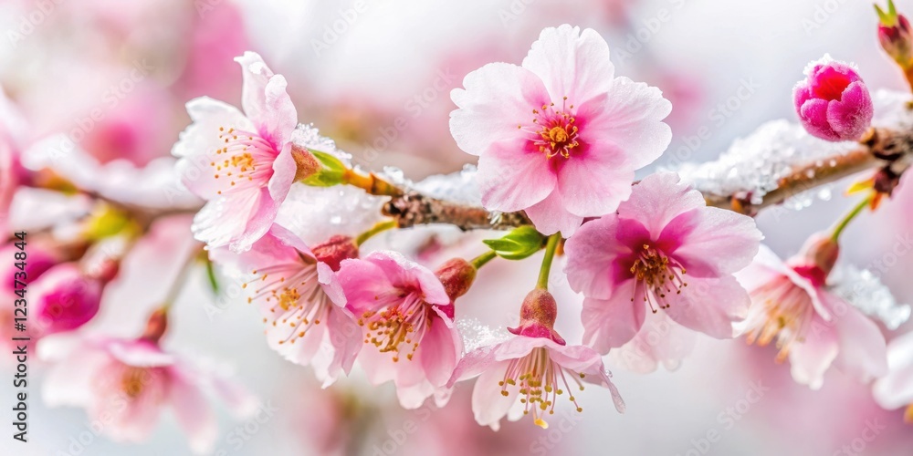 A Delicate Pink Cherry Blossom Branch Covered in Snow, A Symbol of Resilience and Beauty in the Face of Winter's Chill A Delicate Pink Cherry Blossom Branch Covered in Snow, A Symbol of Resilience and Beauty in the Face of Winter's Chill