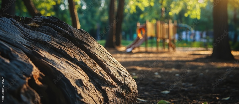 Playground scene in park during sunset with blurred background and focus on textured tree trunk and playscape equipment Copy Space Playground scene in park during sunset with blurred background and focus on textured tree trunk and playscape equipment Copy Space