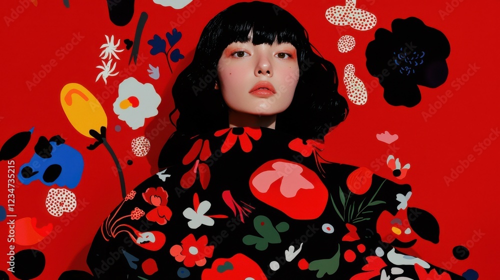Fototapeta premium Remote collaboration illustrations featuring a woman surrounded by floral patterns in a bold red background