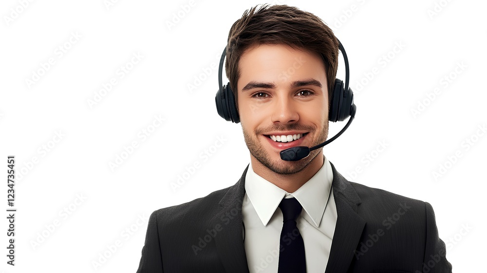 portrait of male customer support operator using headphones while smiling isolated on white background portrait of male customer support operator using headphones while smiling isolated on white background