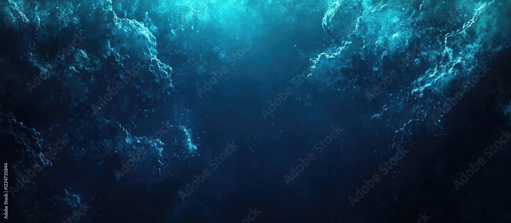 Fototapeta premium Deep underwater ocean scene with rays of light, dark blue water, and swirling currents, Copy Space available for text placement