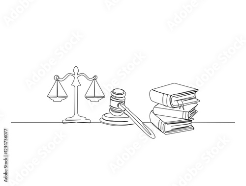 Continuous one line drawing of judicial scales with hammer. justice hammer and scales for law concept in single line draw. Editable stroke.