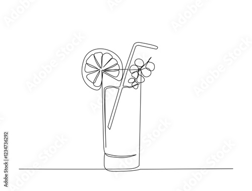 Continuous one line drawing of tropical juice drink with garnish. cocktail drink in single line draw illustration. Editable stroke.