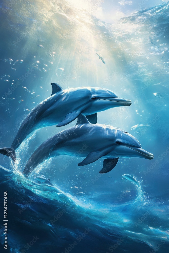 Fototapeta premium A pod of dolphins swimming in the ocean.