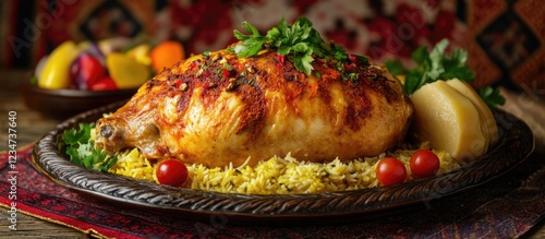 Roasted chicken served on a bed of rice garnished with herbs and vegetables with colorful fruits in the background Copy Space photo