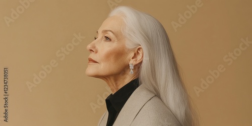 side view of an elegant older woman with long white hair, wearing diamond earrings and a light gray coat against beige background