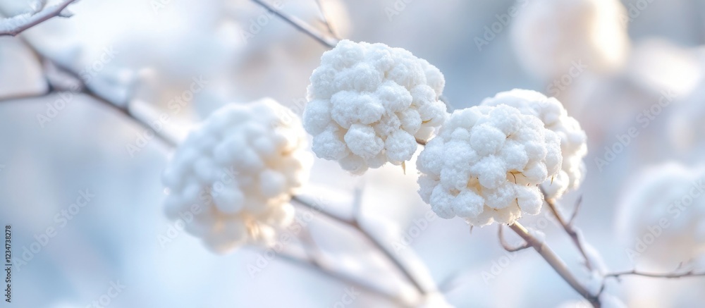 Frost covered white berries on a branch in winter with soft blurred background Copy Space