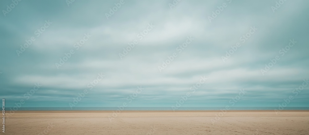 Fototapeta premium Minimalistic coastal landscape with pastel sky clouds and empty sandy beach during twilight Copy Space