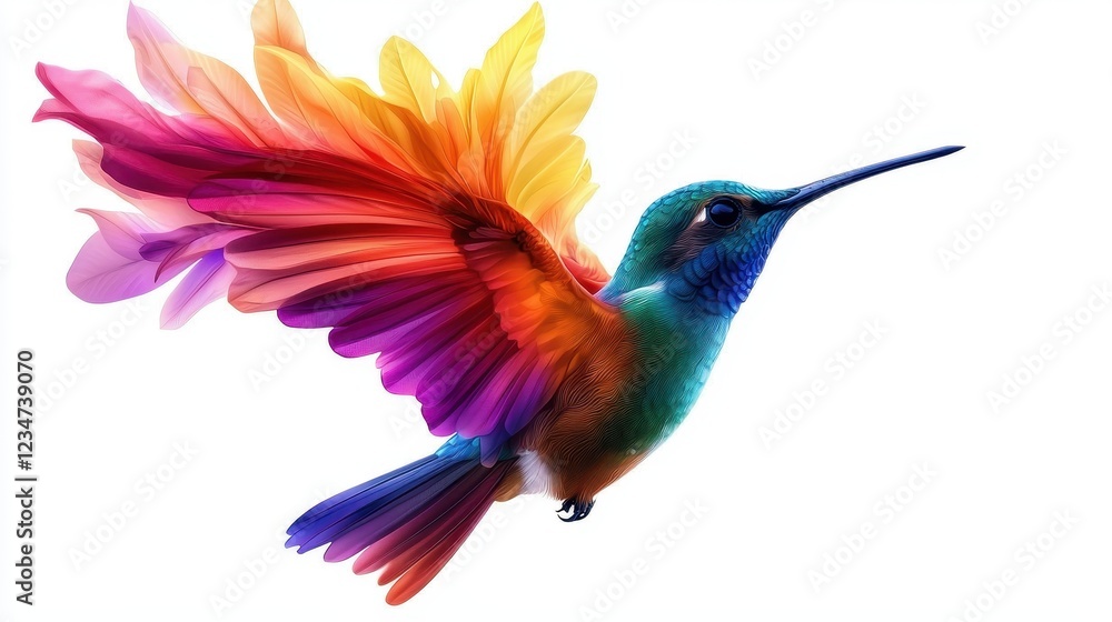 Obraz premium A vibrant, colorful hummingbird in flight, showcasing an array of hues in its feathers, against a white background.