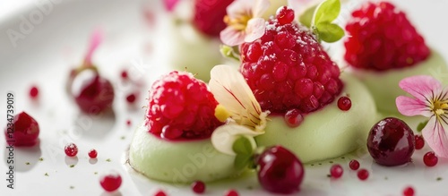 Dessert with raspberry and green cream garnished with edible flowers on a white plate with Copy Space photo