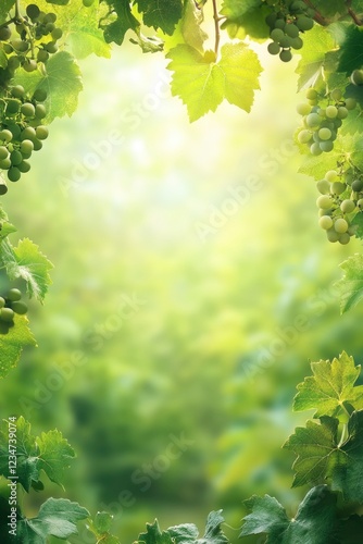 Vineyard with green grapes, blurred background with sunlight