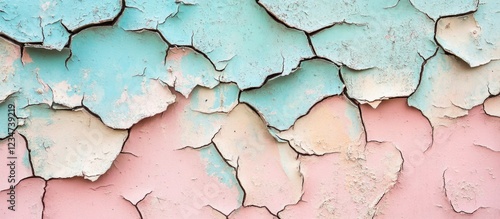 Peeling paint texture on wall with blue and pink colors showing deterioration and distressed surface, Copy Space photo