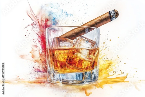 a sculptured glass of whiskey and next to it a lit cigar on a white bagkground photo