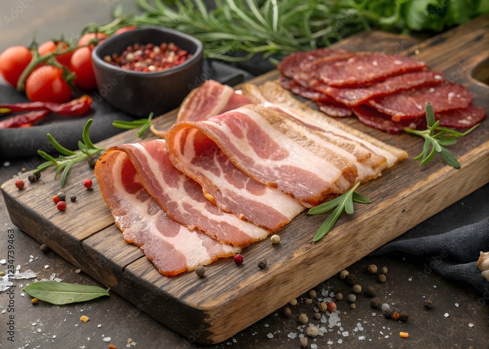 A rustic wooden board displaying a selection of different types of bacon, including thick-cut and flavored varieties, surrounded by fresh herbs and spices A rustic wooden board displaying a selection of different types of bacon, including thick-cut and flavored varieties, surrounded by fresh herbs and spices