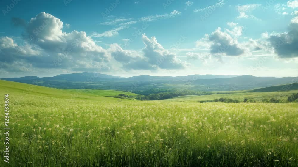 Serene green field under dramatic clouds with rolling hills in the background Serene green field under dramatic clouds with rolling hills in the background