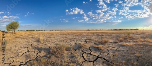 Desolate dry landscape with cracked soil under clear blue sky and scattered clouds, showcasing drought effects, Copy Space.