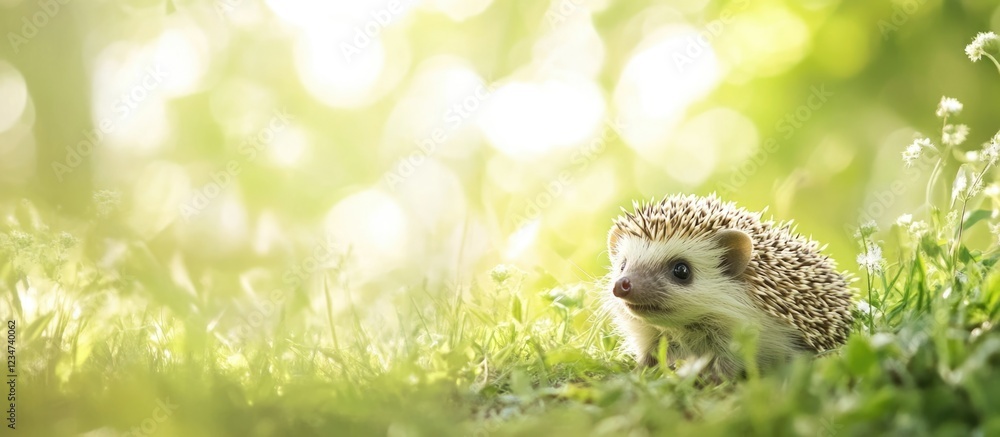 Fototapeta premium Hedgehog in sunlit green grass habitat with natural bokeh background and ample copy space for text placement