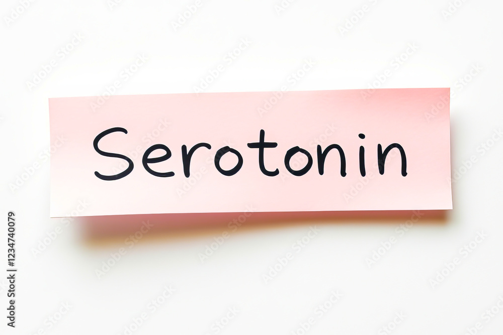Text serotonin on pink note on white background Text serotonin on pink note on white background