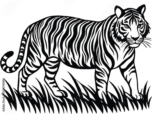 Tiger Silhouette Vector Art in Black and White, Wild Tiger Illustration Vector Design for Printing and Craft Projects 
