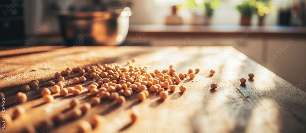 Wooden kitchen countertop with scattered uncooked lentils and sunlight casting shadows, plant in background, Copy Space available. Wooden kitchen countertop with scattered uncooked lentils and sunlight casting shadows, plant in background, Copy Space available.