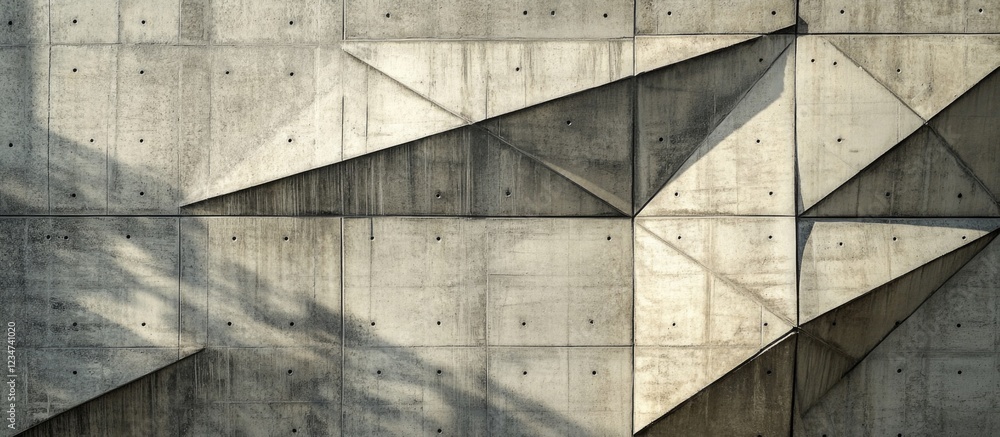 Abstract concrete wall with geometric patterns and texture featuring triangular shapes and shadows providing copy space for text. Abstract concrete wall with geometric patterns and texture featuring triangular shapes and shadows providing copy space for text.