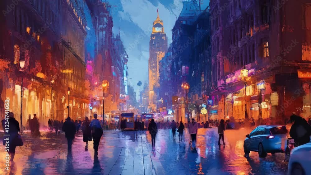 Lively urban evening with vibrant lights and crowds in motion Lively urban evening with vibrant lights and crowds in motion